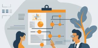 A professional advising a small business owner about the Corporate Transparency Act, with a detailed flowchart in the background outlining compliance steps.