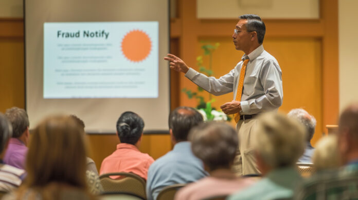 REALTOR® leading a community workshop on deed fraud prevention in a local hall, pointing to a presentation on 'Fraud Notify'.