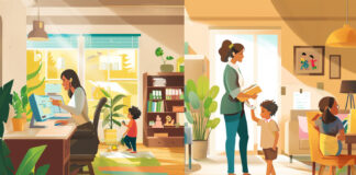 Split-screen image depicting a female realtor in a busy office setting on the left and the same woman enjoying family time at home on the right, symbolizing work-family balance in real estate.