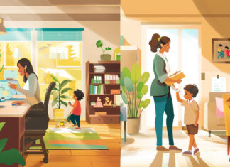 Split-screen image depicting a female realtor in a busy office setting on the left and the same woman enjoying family time at home on the right, symbolizing work-family balance in real estate.