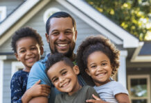 Happy family standing in front of their new home with a tax document featuring a checkmark and dollar signs symbolizing financial benefits of the Mortgage Credit Certificate (MCC) program.