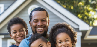 Happy family standing in front of their new home with a tax document featuring a checkmark and dollar signs symbolizing financial benefits of the Mortgage Credit Certificate (MCC) program.