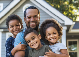 Happy family standing in front of their new home with a tax document featuring a checkmark and dollar signs symbolizing financial benefits of the Mortgage Credit Certificate (MCC) program.