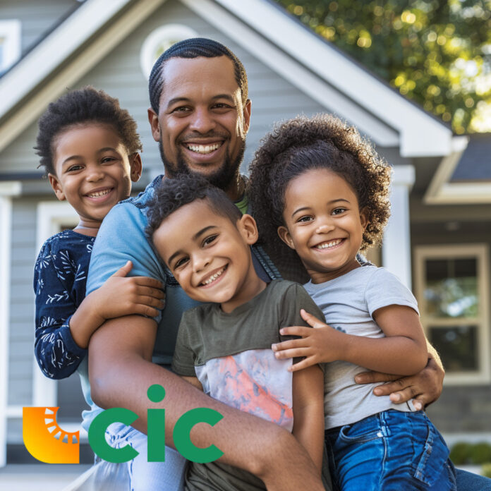 Happy family standing in front of their new home with a tax document featuring a checkmark and dollar signs symbolizing financial benefits of the Mortgage Credit Certificate (MCC) program.