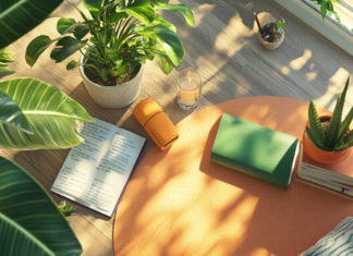 A balanced life scene with a serene workspace, greenery, and self-care elements.