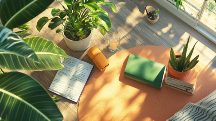 A balanced life scene with a serene workspace, greenery, and self-care elements.