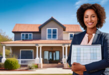 Female real estate agent holding a planner in front of a house, symbolizing work-life balance.