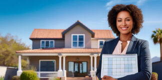 Female real estate agent holding a planner in front of a house, symbolizing work-life balance.