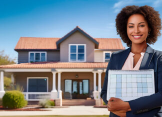 Female real estate agent holding a planner in front of a house, symbolizing work-life balance.