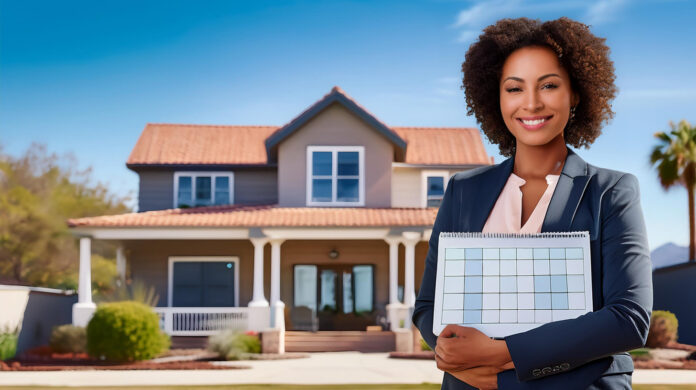 Female real estate agent holding a planner in front of a house, symbolizing work-life balance.